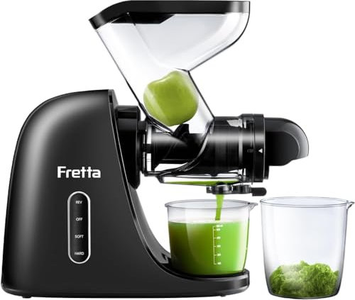 Fretta Slow Masticating Juicer Machine, BPA-Free Cold Press Juicer with Wide Dual Feed Chute, Auto Reverse, High Nutrient Extraction, Quiet Motor, Pure Black