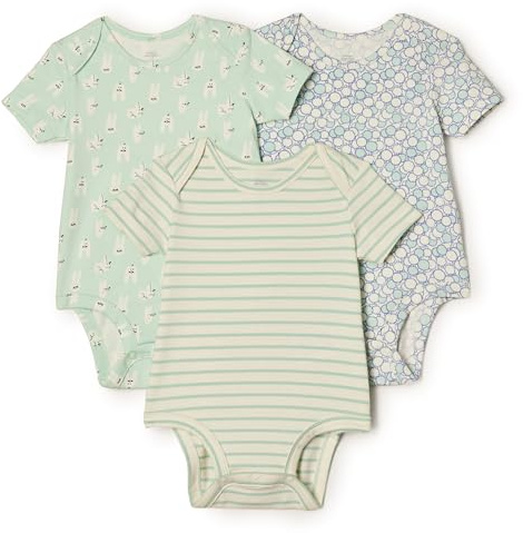 Amazon Essentials x Sofia Grainge Body de Manga Corta con Cuello Redondo Unisex Bebés, Pack de 3, Conejos/Rayas/Árboles Redondos, 0-3 meses
