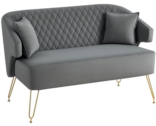 HOMCOM Sofá de 2 Plazas Tapizado en Terciopelo Sofá de Salón con 2 Almohadas Reposabrazos y Patas de Acero Doradas Sofá Pequeño Carga 240 kg para Dormitorio Oficina 124x69x76 cm Gris