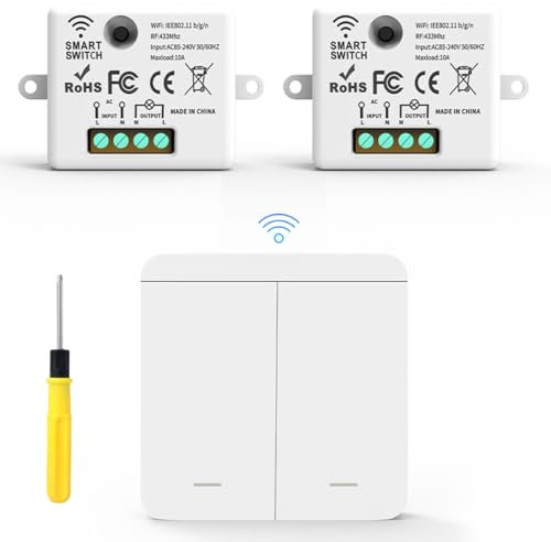 Acmerota Wireless Light Switch Kit 58-240V 10A Remote Control Light Switch for Lamp 2-Channel RF ON/Off Wall Switches No Wiring Required1 Portable Switches & 2 Receiver
