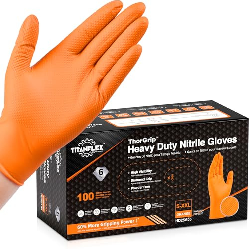 TitanFlex 6 Mil Nitrile Disposable Gloves, Diamond Textured Heavy Duty, Powder Free, Latex Free, Orange Work Gloves for Mechanics, Kitchen, Cleaning & Industrial Use (100, Large)