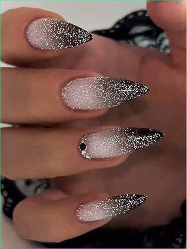 MouyouGlow Press on Nails Long,Stiletto Halloween Verlauf Schwarz Glitzer Sparkly Gothic 3D Rhinestones Fake Nails mit Nagelkleber,Gradient Black Künstliche Fingernägel
