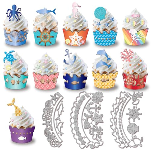 GLOBLELAND Wellen Cupcake Förmchen Papierpräge Stanzschablonen Set Sommermuscheln Handwerk Stanzmaschine Schablonen Fische Delfine Metall Stanzschablone Set für Kartenherstellung DIY Handgefertigtes