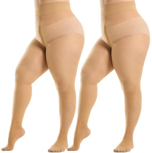 Aaronano 2 Paar Große Größen Reißfeste Strumpfhose Langlebige Hohe Taille Nylon Damenstrumpfhosen Semi-Blickdicht Komfortbund 2 Paar Natur 3XL-4XL