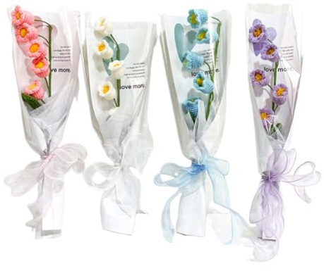 Magicherry 4 Pieces Finished Crochet Lily of The Valley Flower Bouquet Handmade Artificial Lily of The Valley With Single Clear Packaging Bag,Crochet Bouquet Present for Women,Pink+White+Blue+Purple
