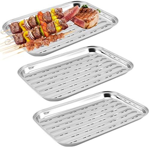 Lot de 3 bols de barbecue en acier inoxydable : 34,9 x 24,5 x 2,7 cm Bol à barbecue réutilisable, panier à légumes réutilisable, accessoires de barbecue pour légumes, poisson ou viande Poêle à griller
