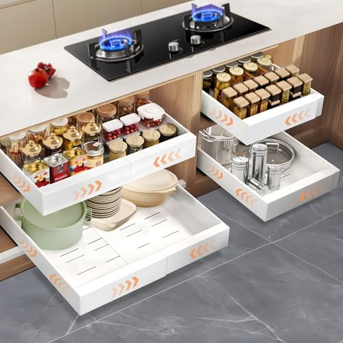 2 PCS Cajones Extraibles Para Cocina, Cajón Telescópico, Cajones Deslizantes Para Cocina, Bandeja Extraible Armario, Ancho Ajustable 32-51CM Sin Necesidad de Taladrar
