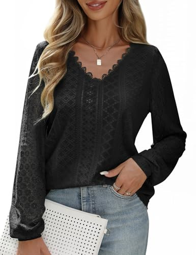 PASUDA Chemisier Femme Chic et Élégant Blouse Col en V Chemise Manches Longues en Dentelle Haut Tops Décontracté de Couleur Ample Tunique Respirant T Shirts(Noir,XL)