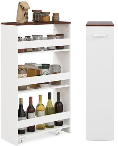FANTASK Scaffale per nicchia, carrello da cucina con manico e ringhiera, in legno, carrello da portata su ruote, 4 ripiani, per cucina e bagno, 47,5 x 33 x 80,5 cm (bianco e marrone)