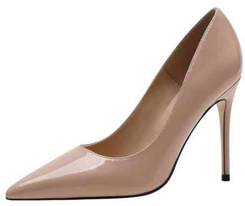 Wtharosa dam stilett pumps klassiska spetsiga tår höga klackar lackläder court skor för kontor arbete och formella tillfällen, Nude Heel 10 cm, 35 EU