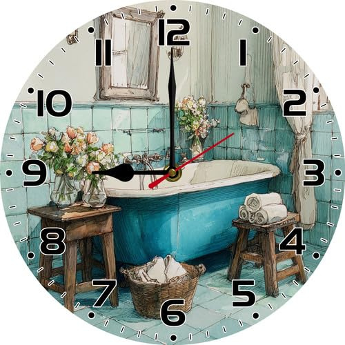 Geroclonup Vintage Bathtub Wall Clock 25cm Silent Non Ticking Battery Operated Clocks Vintage Wooden Round Clocks for Living Room Bedroom Bathroom Office Decor