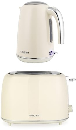 Salter Retro Kettle & 2-Slice Toaster Set – 1.7L 3kW Jug Kettle with 360° Base & 815W Toaster with Wide Slots, Plastic, 6 Browning Levels, Removable Crumb Tray, Cream | 360 Degree Base, 6 Browning Levels, Wide Slots, Defrost Reheat Cancel Functions, High Lift Eject, Removable Crumb Tray