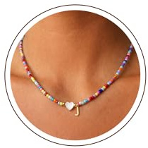 RMMD Beaded Initial Necklace for Teenage Girls Women Gifts, Colorful Boho Bead Personalized Heart Letter J Initial Necklaces for 8 9 10 11 12 13 15 Year Old Girl Jewellery Birthday Gifts for Women