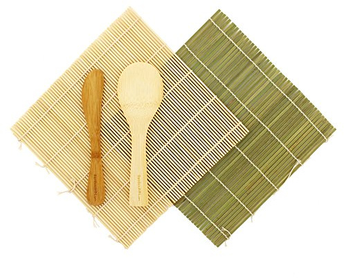 BambooMN Sushi Mat Kit: 2 Sets of Green, Natural Roller Mats, Rice Paddle, Spreader | 100% Bamboo Mat and Utensils + Free Spork