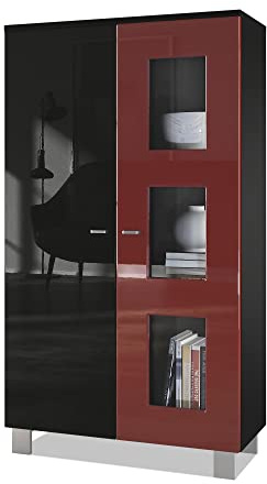 Vladon Vitrine Denjo, Made in Germany, Standvitrine mit 2 Türen und 3 Glaseinsätzen, Schwarz matt/Schwarz Hochglanz/Bordeaux Hochglanz (71 x 129 x 35 cm)