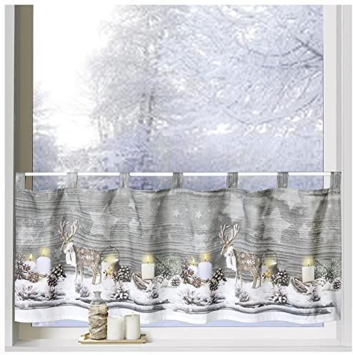 heimtexland ® Scheibengardine Weihnachten 45x120 Dekoration Fenster-Deko Weihnachts-Gardine Landhaus Hirsche Natur Typ651