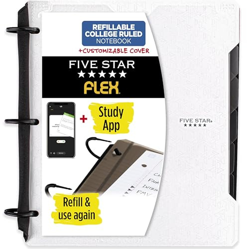 Five Star Flex Refillable Notebook + Study App, College Ruled Paper and 1 Inch TechLock Ring Binder with Customizable Cover, Pockets, Tabs and Dividers, 200 Sheet Capacity, White (29326AE2)
