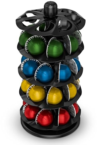 EVERIE Coffee Pod Holder for Nespresso Vertuo Capsules, 40-Pod Rotating Carousel Organizer, Space-Saving Countertop Display, Smooth Spin & Secure Upright Slots, Fits All Vertuo Sizes (Black)