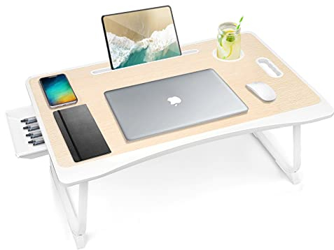 Amaredom Table pour Ordinateur Portable, Table de Lit, Support pour Ordinateur Portable, Support de Lecture avec Tiroir de Rangement et Porte-gobelet pour Boire sur Le Lit/Canapé - Chêne Blanc