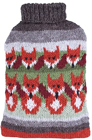 Pachamama Handgestrickter Wärmflaschenbezug aus 100 % Wolle und 2 Liter Wärmflasche, Fuchsmuster, handgefertigt, Fair-Trade, mehrfarbig
