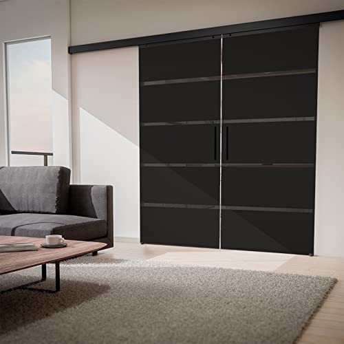 inova Glas-Schiebetür Grauglas Blockstreifen 2-Flügelig 1800 x 2035 mm schwarz Alu Komplettset mit Lauf-Schiene und Stabgriff inkl. beidseitiger Softclose