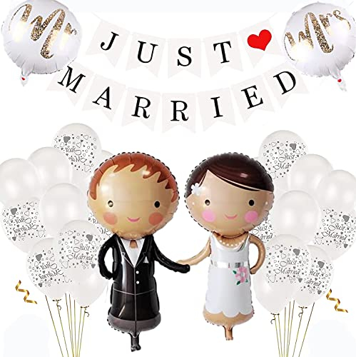 HCRXVV Just Married Decoración de boda, 25 unidades, figuras de novios, globos de papel de aluminio Just Married Banner Mr y Mrs, figuras de boda, globos de helio, oficina de registro, compromiso