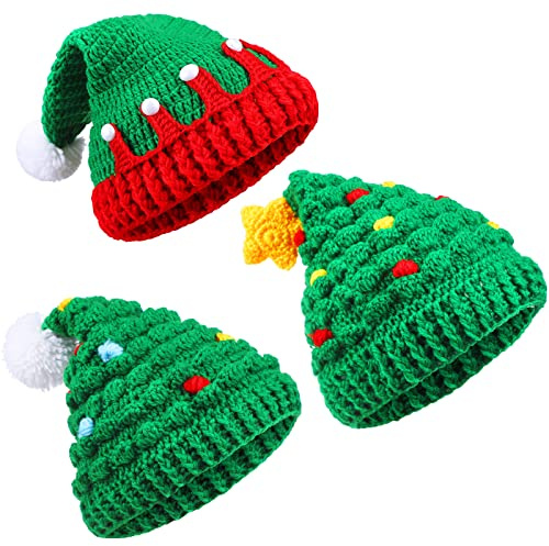 Jadive 3 Pieces Unisex Christmas Knit Beanie Santa Hat Winter Warm Crochet Bearded Cap with Fur Pom Pom Handmade Knitted Reindeer Cap for Adult or Kids