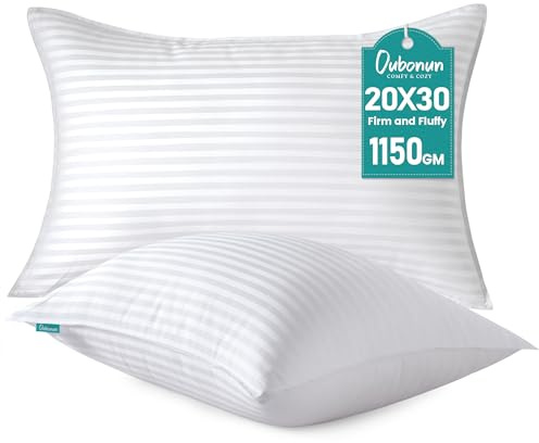 Oubonun Set di 2 cuscini da letto a righe di alta qualità, per letto queen size, in cotone traspirante e rinfrescante, morbidi e soffici, alternativi in microfibra 3D, per chi dorme sul lato