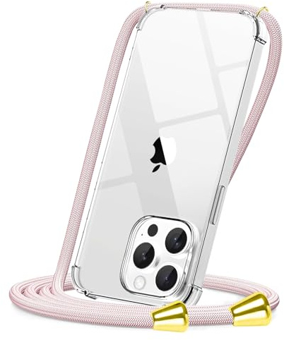 CAROKI Hands-Free Crossbody Case for iPhone 15 Pro Max, Clear Shockproof Protective Cover with Adjustable Rose Gold Lanyard Neck Strap, Slim Soft TPU Phone Holder for 15 Pro Max (6.7)