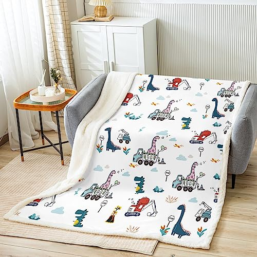Cartoon Dino Bagger Decke 130x150cm Dinosaurier Construction Kuscheldecke Kinder Kleinkind Construction Fahrzeuge Wohndecke Baustelle Autos Mikrofaser Couchdecke für Couch