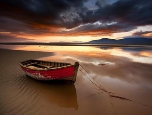 Holz-Bild 90 x 70 cm: Fischerboot am Strand bei Sonnenuntergang, Ladakh, Indien (204654118)