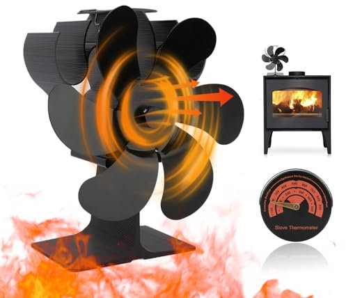 HshDUti Log Burner Fan Wood Stove Fan Small,6 Blades Wood Burning Stove Fan with Magnetic Thermometer, Heat Powered Fireplace Fan Eco Fans Friendly Circulation for Wood/Log Burner/Fireplace