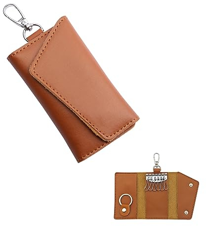 FuninCrea Custodia in Pelle Portachiavi con Chiusura a Scatto, Portatile Borsellino per Auto e Chiave (Marrone)
