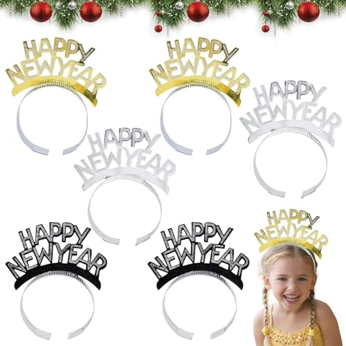Mecctuck 6 Stück Haarreifen Silvester, Haarreifen, Happy New Year Haarreif Kopfschmuck, Haarschmuck, Silvester Glitzer Haarreif, Silvesterdeko 2026, Happy New Year Kopfschmuck für Party Haarschmuck
