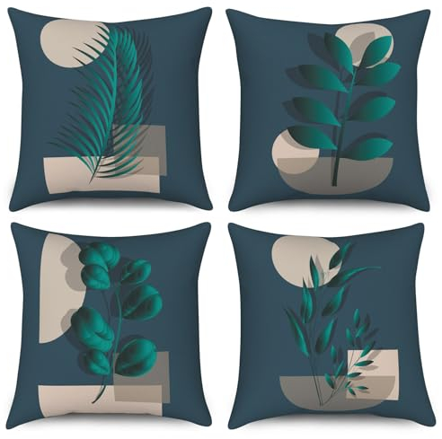 ASDCXZ Blätter Kissenbezug 40x40 cm 4er Set, Modern Türkis Blätter Dunkelblau-grün Beige Sofa Dekokissen Kissenbezüge Kissenhülle Waschbar Polyester Textil Outdoor Kopfkissenbezug Kissen Bezug