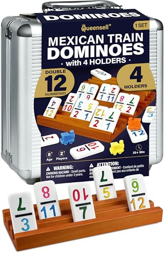 Queensell Mexican Train Dominoes Set with Numbers and 4 Holders - Wooden Hub and Domino Holders - Double 12 with Numbers (D12 Numbers + 4 Holders)