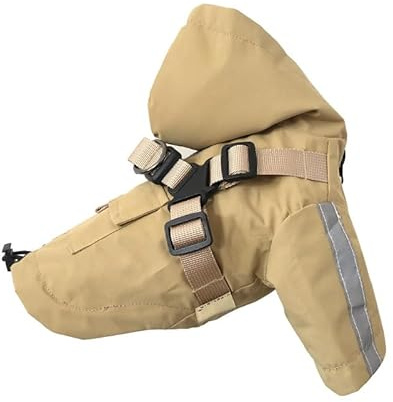 Hunde-Regenmantel mit Geschirr, verstellbarer Kordelzug, wasserdicht, mit Kapuze, Haustierponcho mit reflektierenden Streifen für kleine, mittelgroße Hunde, Größe L, Beige