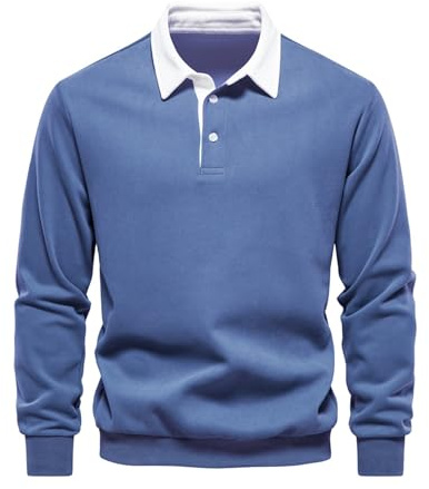 Btmpmcs Män pikétröja vardaglig långärmad t-shirt bomull golf polotröjor t-shirt topp enkel premium rugbytröja, BLÅ, L