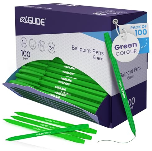 Eziglide kulspetspenna grön penna, paket med 100 kulspetspennor, smidig skrivåtgärd – medium punkt 1,0 mm färgade pennor multipack – kulspetspennor idealiska pennor för skola, hem eller arbete