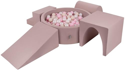 KiddyMoon Parque Infantil De Espuma con Rodondo Piscina De Bolas Piscina (200 Bolas) + Version 3 para Niños, Brecina: Beige Pastel/Rosa Claro/Perla