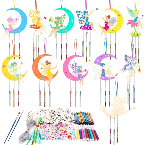 Ainiv 12 Pack Fairy Craft Kit for Kids, DIY Wooden Fairy Windchimes Crafts Kit for Children, DIY Arts and Crafts for Boys Girls Toddlers Gifts Crafting Party Activities Home Window Garden Decor