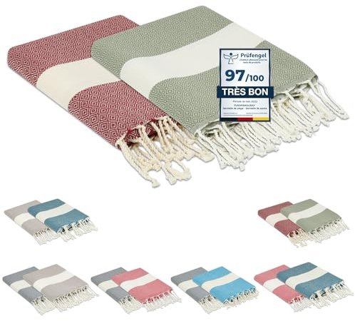 furora HOLIDAY Telo Mare (2 pezzi) Grande, cotone 100x200 cm | Telo Spiaggia antisabbia | Asciugamano Mare Fouta, frange e angoli, Pareo Donna Uomo Ragazzi | Pic Nic Beach Towel Coperta, lungo leggero
