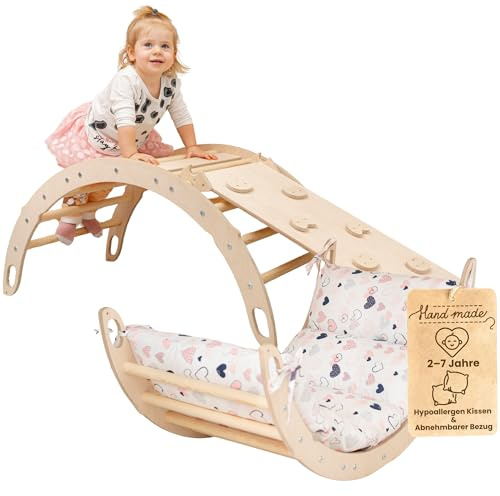 WoodsCraft Kletterbogen mit Kissen & 2in1: Rutsche Indoor/Kletterrampe | mit hypoallergen Kissen für Kletterbogen, holz Montessori Klettergerüst indoor spielgeräte, Babyrutsche & Rampe