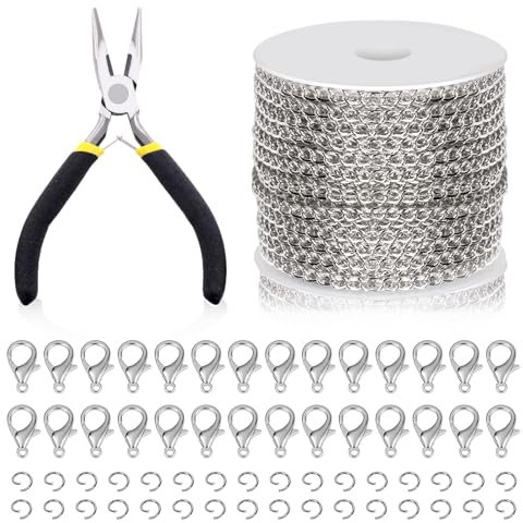 Swpeet Catena a maglia barbazzale, per gioielli fai da te e collane, ca. 9,1 m di lunghezza x 3 mm, con maglie piatte, set da 102 pezzi, con anellini aperti, chiusura a moschettone e pinza per
