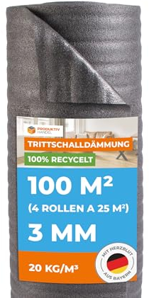 Trittschalldämmung 3mm Profi Basic 100m² | recycelte PE-Schaumfolie | 4 Rollen als Laminat- und Parkettunterlage zur Wärmedämmung | Fußbodenheizung geeignet