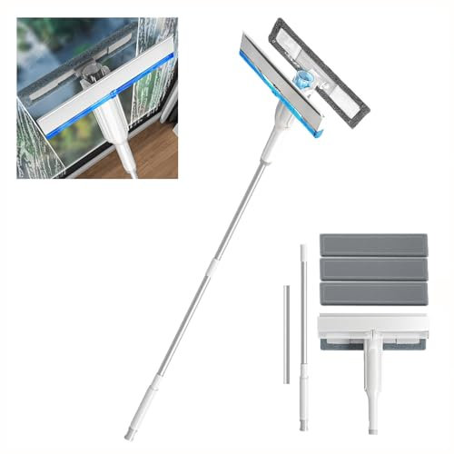 RYJYQYX 4 in 1 Sprüh Teleskopstange Fensterreinigung mit Abwassersammler und 3 Pads, Teleskop Waschbürste mit Verlängerungsstange Sprühwischer für hohe Fenster innen/außen