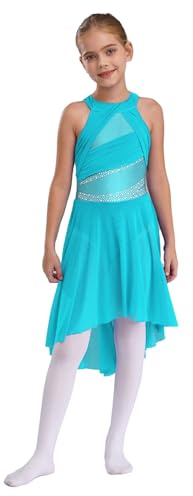 Freebily Mädchen Lyrisch Tanzkleid Glitzer Neckholder Eiskunstlauf Kleid Tanzbody Mit Hi-Lo Rock Kinder Ballettkleidung Lyrical Tanzkleidung Hellblau 170-176
