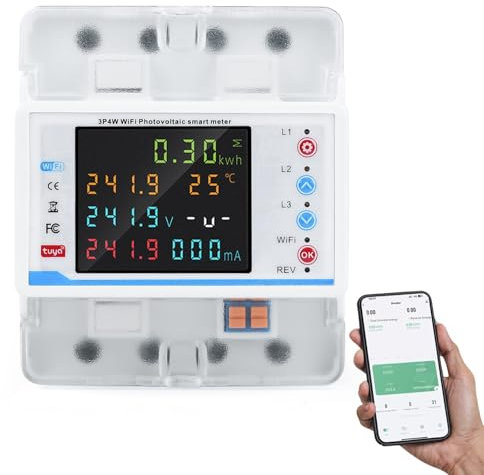 Jadeshay Disyuntor Inteligente WiFi,4P Trifásico 100A 380VAC Medidor de Energía Inteligente con Pantalla LCD a Color,Inteligente Disyuntor Protector de Sobrevoltaje y Subvoltaje