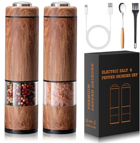Electric Salt and Pepper Grinder Set, Refillable, Salt and Pepper Shaker, Automatic Salt and Pepper Grinder Set with LED Light, Adjustable Coarseness, One Hand Operation, Mill