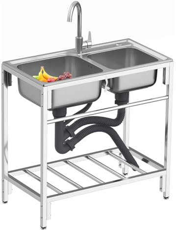 Fregadero de acero inoxidable fregadero de doble seno, fregadero de cocina con grifo, escurridor y estantes de almacenamiento, fregadero multiusos independiente con soporte, fregadero comercial
